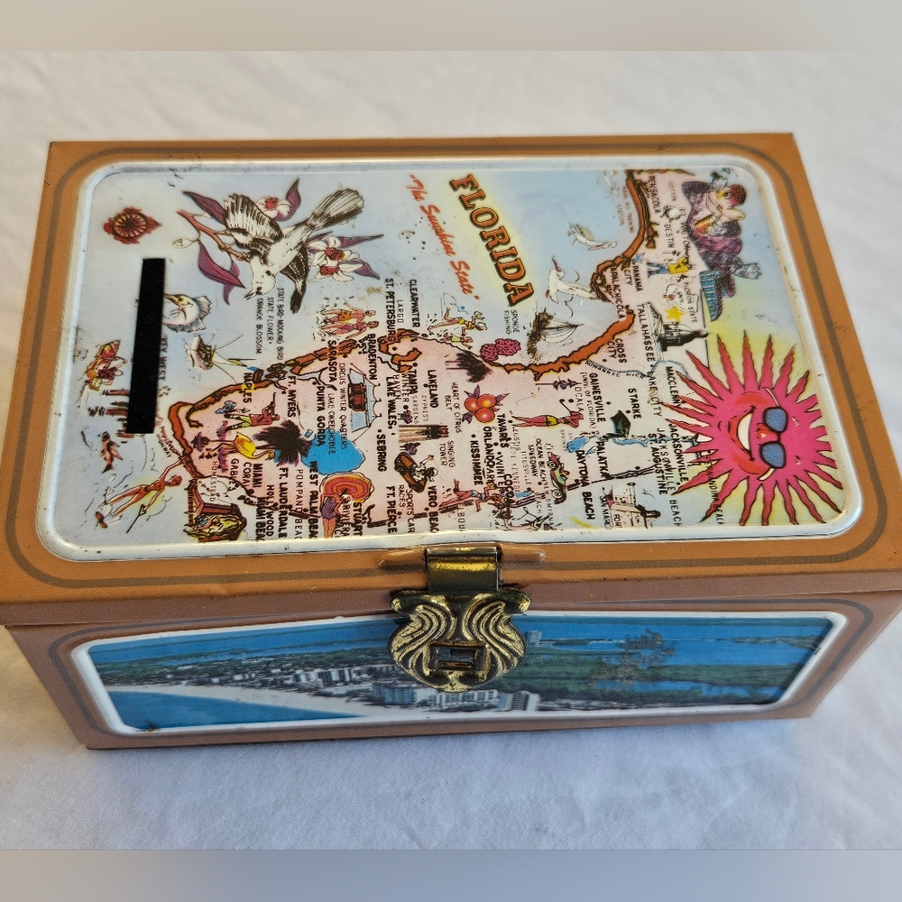 Florida Vtg Metal Coin Bank West Germany Map Surfing Cape Canaveral  Beach